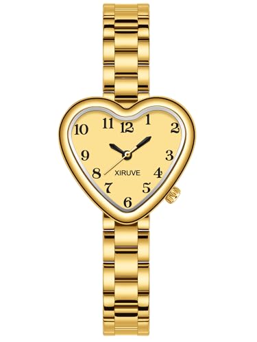 XIRUVE Forme de Cœur Petite Facile à Lire Chiffres Arabes Cadran en Acier Inoxydable Montre à Quartz Analogique pour Femme