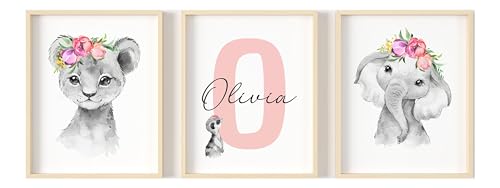 Personalized Safari Nursery Wall Art Set – Custom Name Jungle