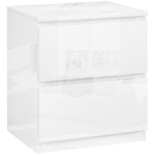 HOMCOM Mesita de Noche Moderna Mesilla de Noche con 2 Cajones Mesa de Noche Mesa Auxiliar para Dormitorio Salón 40x34x45 cm Blanco Brillo