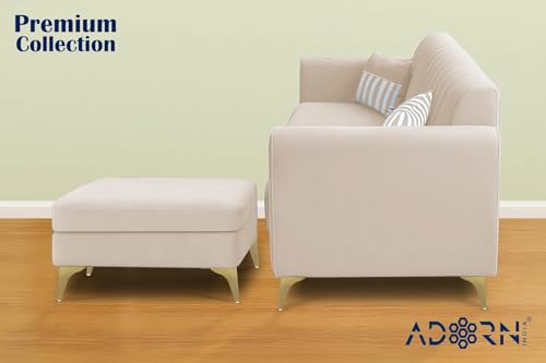 Image of Adorn India Premium Luster 4 Seater L Shape Sofa Set | Velvet Suede Fabric | 3-Year Warranty | Color Cream with Golden Legs & Striped Pattern Cushion