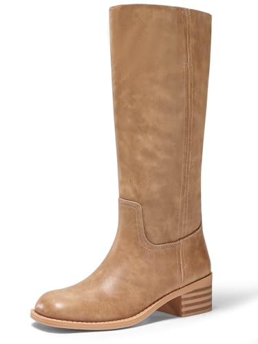 Coutgo Women's Knee High Boots Square Toe Chunky Block Heel Tall Boots Comfortable Low Heel Shoes, Light Brown, Size 8.5