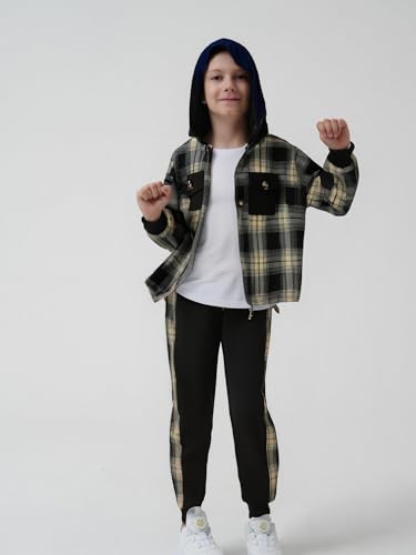 Boys Clothes Fall Winter Outfits, Toddler Kids Button Plaid Hoodie Pockets Sweatpants T-shirt Clothing Set Size 3-7T3