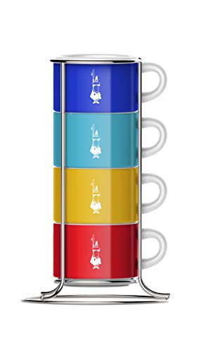 Bialetti TAZZ111 - Set 4 tazze Impilabili, Porcellana, Multicolore, 150 ml
