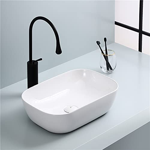 NEXIS Designer Ceramic Wash Basin For Bathroom | Over Counter Bathroom Basin | Counter Top Bathroom Sink | Wash Basin For Restaurant, Hotel (Plain White-Glossy, 18 x 13 x 5.5 Inch)