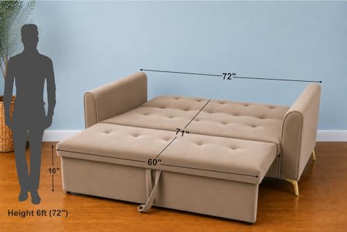Image of Adorn India Premium Mystic - 3 Years Warranty - 3 Seater Sofa Cum Bed Velvet Suede Fabric - Beige
