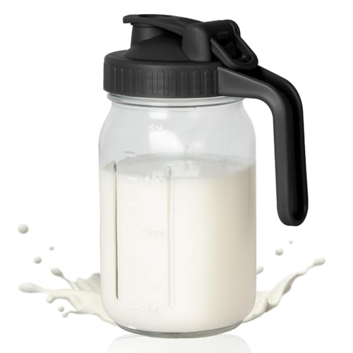 Image of 32oz Breast Milk Pitcher, 1 Quart Glass Mason Jar with Flip Top Lid and Spout, Airtight Breast Milk Storage Container, Leakproof Creamer Container Keeps Milk Fresh, Black