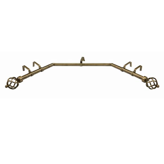 Bay Window Curtain Pole 3-Sided 28mm Eyelet Rod Rail Set with Passing Brackets & Cage Ball Finials (Antique Brass, 3.9m (1x 1.9m & 2x 1m Poles))