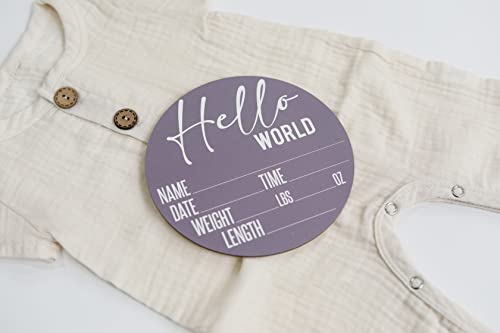 Image of Baby Announcement Sign for Newborn Boys and Girls (Color Bases) - Hello World Nursery Decor Sign & Photo Prop for Babies Made of Birch Wood - 6 inch Circle Board (Purple)