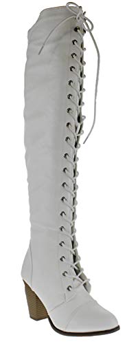 Forever Women's Chunky Heel Lace Up Over-The-Knee High Riding Boots,White,6