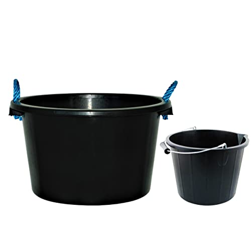 M1SS Black Plastic Builders Bucket 3 Gallon 14 Litre Water Mixing Storage with Measuring Guide, Handle and Spout With 45L Rope Plasterer Mixing Cement (45L Rope bucket + 3 Gallon Bucket)