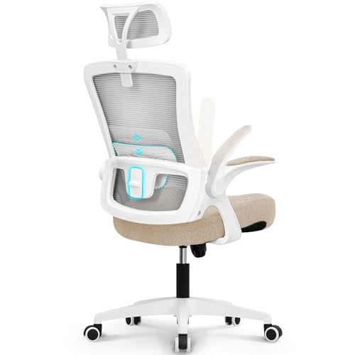Image of NEO CHAIR Office High Back Mesh Headrest Adjustable Height and Ergonomic Design Home Office Computer Desk Executive Lumbar Support Padded Flip-up Armrest Swivel (Beige)