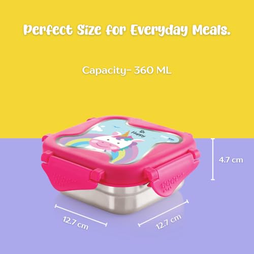 Image of STEELLOCK Smart Kids Stainless Steel Lunch Box, Leakproof & Airtight Tiffin Box for School Boys & Girls, BPA Free Food Grade with 4-Side Clip Lock | 360 ML | Pink, 3D /UV Print Unicorn