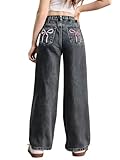 WDIRARA Girl's Bow Print Back Zipper Fly Elastic High Waist Denim Pants Basic Wide Leg Jeans Black and Pink 13Y