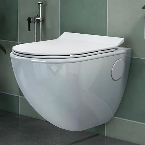 Plantex Platinium Ceramic Wall Hung Western Toilet, Water Closet, Commode With Soft Close Toilet Seat – P Trap (White)