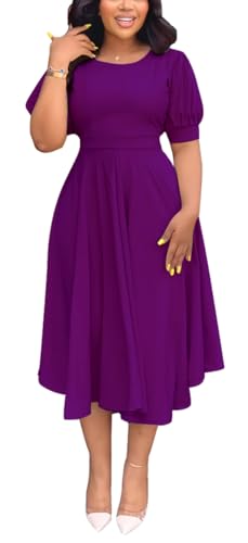 Image of Summer Dresses for Women Semi-Formal Fit Casual Slim Short Puff Sleeve O-Neck Elegant Swing A Line Maxi Dresses