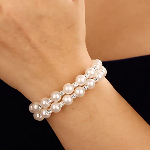 YERTTER Dainty Multi Layer Pearl Rhinestone 1920s Silver Gold Stretch Bangle Bracelet Wedding Sparkly Layered Wrap Cuff Bangle Bracelet Adjustable Pearl Bracelets for Women Brides Girls3
