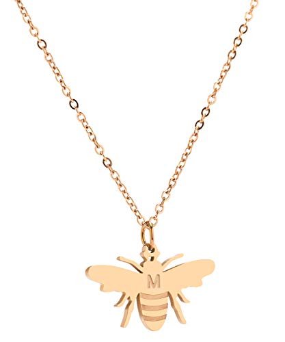 Meibai Initial Honey Bee Necklace Rose Gold Plated Stainless Steel Bee Pendant Name Necklace Bee Jewelry Birthday Gift for Her Bee Lovers (M)