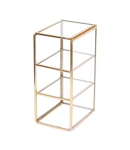 Image of Glass Makeup Brush Organizer with Gold Metal Frame - Cosmetic Brush Holder for Vanity, Dressing Table & Bathroom Counter - Multi Compartment Beauty Storage - 18 x 8 x 10 cm