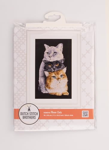 Image of Counted Cross Stitch Kit - DSB015 - Three Cats - Black Aida - 10.2 x 7.1 Inch - DIY for Adults
