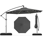 Tangkula 10ft Solar LED Patio Umbrella with Base, Offset Cantilever Outdoor Umbrella with 32 LED Lights, Infinite Tilt, 360 Degree Rotation, Crank Handle for Pool Deck Garden Backyard (Gray)