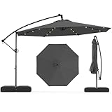 Tangkula 10ft Solar LED Patio Umbrella with Base, Offset Cantilever Outdoor Umbrella with 32 LED Lights, Infinite Tilt, 360 Degree Rotation, Crank Handle for Pool Deck Garden Backyard (Gray)