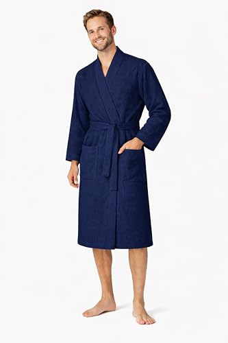 Image of Turkish Linen Men's Waffle Bathrobe Lightweight Kimono Spa Robe - Quick Dry Bath & Shower Robe for Men with Pockets
