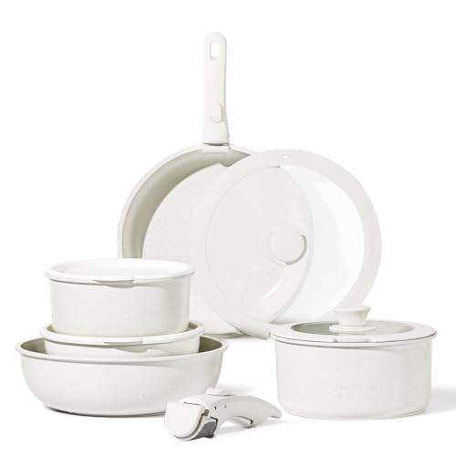 CAROTE 11pcs Pots and Pans Set Non Stick, Cookware Sets Detachable Handle, RV Kitchen Set Removable Handle, Oven Safe, Induction Ready, Stackable Non-stick Set, Cream White