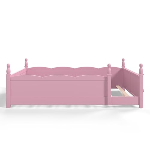 Image of Bellemave Queen Size Montessori Floor Bed Frame with High Fence, Solid Wood Kids Floor Bed with Bookshelf, Low Profile Bed for Boys & Girls, Childlike Design,Pink