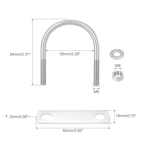 Image of uxcell Round U-Bolts, 4 Sets 58mm(2.28 inch) Inner Width 84mm Length M8 304 Stainless Steel U Clamp Bolt with Nuts and Plates, for Boat Trailer