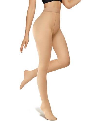 Image of OEAK Womens Fleece Lined Tights Fake Translucent Pantyhose Thermal Opaque High Waisted Winter Legging Footed Sheer Tights