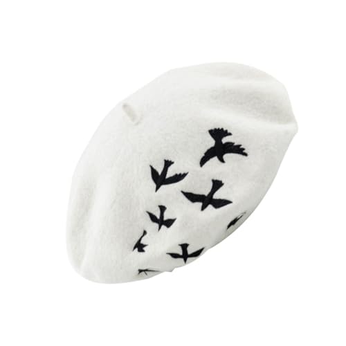 COLLBATH Fashionable Women's Hat Lightweight Wool Beret Embroidery Ideal for Everyday Outdoor Use White