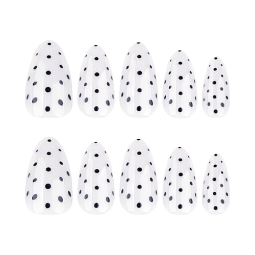 Image of Polka Dots Nails Press ons White Fake Nails Medium Almond False Nail Glossy Full Cover Glue on Nail Reusable Artificial Acrylic Stick on Nail for Women Manicure 24Pcs