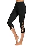 Black Floral Lace Stitching Capri Leggings for Women, Elastic High Waisted Stretch Soft Cropped Capr