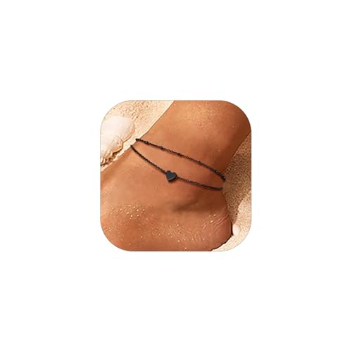 PROSTEEL Schwarz Doppel Fußkette 22+5cm Damen Herz Charm Fußkettchen Sommer Strand Fußarmband verstellbare Knöchel Armband Schmuck Accessoire für Frauen Mädchen