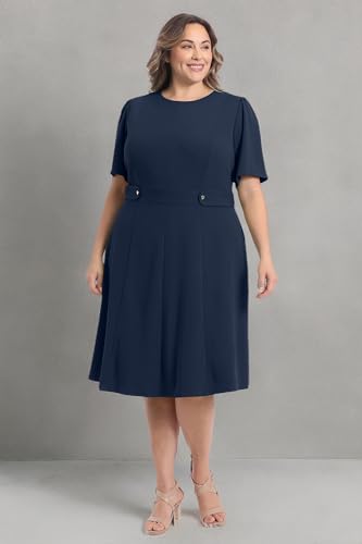 Image of London Times Women's Knit Eyelet Short Sleeve Crepe Inset Waist Midi with Button Detail