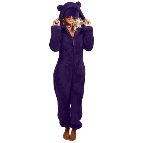 Vhersily Pelele de peluche para mujer pijama de invierno de forro polar de coral mono de manga larga pelele cremallera sudaderas con capucha de peluche ropa de noche, disfraz de carnaval Halloween