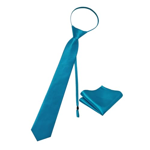 Image of YourTies Zipper Tie for Men Adjustable Pre-tied Satin Neckties and Pocket Square Set Solid Color Business Formal Wedding