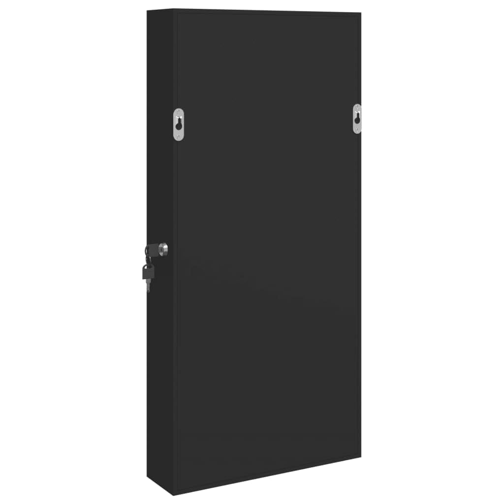 Czarna szafka na biżuterię z lustrem z oświetleniem LED, montowana na ścianie, zamykana, materiał drewnopochodny, 31,5 x 9 x 67 cm, do sypialni, łazienki, do przechowywania biżuterii