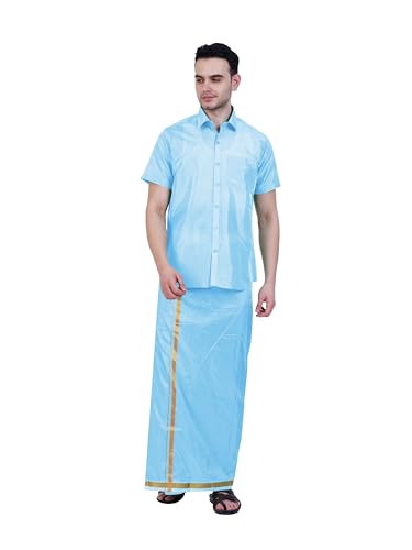 Image of PRAKASAM COTTON-Mens Art Silk Wedding Set /Art Silk 8 Mulam (8-Yard) Dhoti and Stitched Shirt for mens