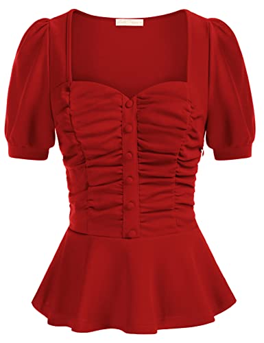 Damen Bluse Kurzarm Elegant Quadratischer Ausschnitt Casual Festlich Tops Oberteile T-Shirt Party Weihnachten Christmas Rockabilly Rot XXL Cover