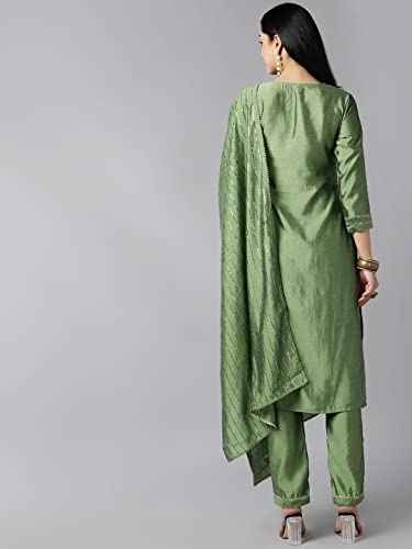 Image of Vaamsi Women's Poly Silk Embellished Solid Straight Kurta Pant with Dupatta
