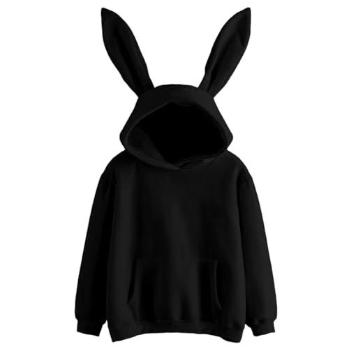 Bunny Ears Hoodie for Women Oversized Cute Kawaii Comfort Sweatshirt Fashion Long Sleeve Drop Shoulder Hooded Sweatshirt Oversized Hoodie Black,XL