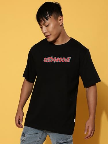 Image of Veirdo Pure Cotton Oversized Baggy Fit Drop Shoulder Stylish and Graphic Printed Round Neck Half Sleeves T-Shirt for Men (Available Color Options: Black, Green, Royal Blue, Lilac & Sky Blue)