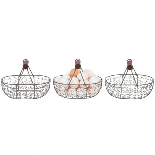 Angoily 3 Stück Draht-Eierkorb Mit Holzgriff Country Vintage-Stil Eiersammelkorb Draht- -Aufbewahrungskorb Gemüsebehälter Zum Tragen Sammeln Von Hühnereiern