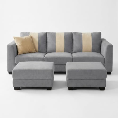 Image of Revo 5 Seater L Shape Sofa Set with 2 Movable Ottomans | Flexible Layout | Luxury Velvet Suede Fabric | Modern Living Room Sofa | Light Grey
