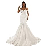 Zeeyecie Ivory Lace Applique Tulle Wedding Dresses for Brides 2026 Off Shoulder V Neck Mermaid Sparkly Long Bridal Gown with Train US18W