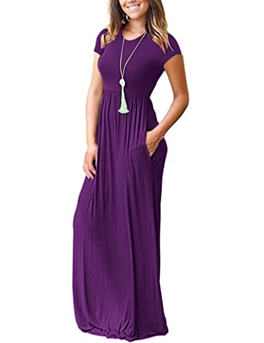 Image of MISFAY Women Short Sleeve Loose Plain Maxi Dresses Casual Long Dresses Pockets