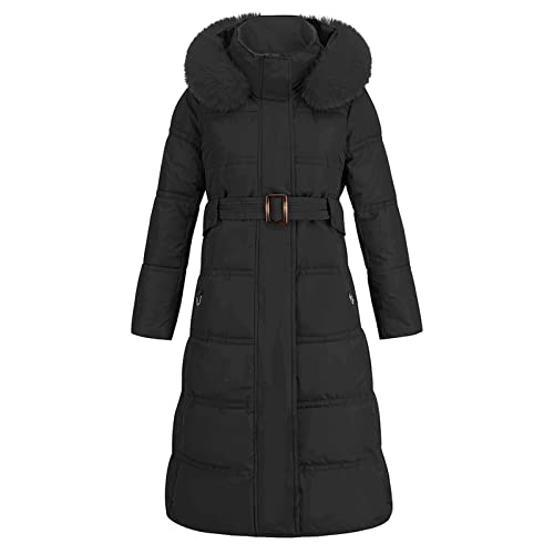 Manteau col en peluche noir XXL pour femme avec ceinture et fermeture éclair