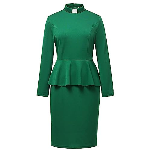 Image of FAD-4U Church Clergy Dress for Women Minister Long Sleeve Ruffle Slim Pencil Dress with Tab Insert Stand Collar