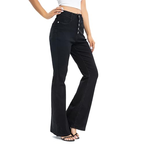 Women's Stretch Flare Jeans - Trendy High Waisted Bell Bottom Jeans Tummy Control Button Fly Denim Pants Trousers2